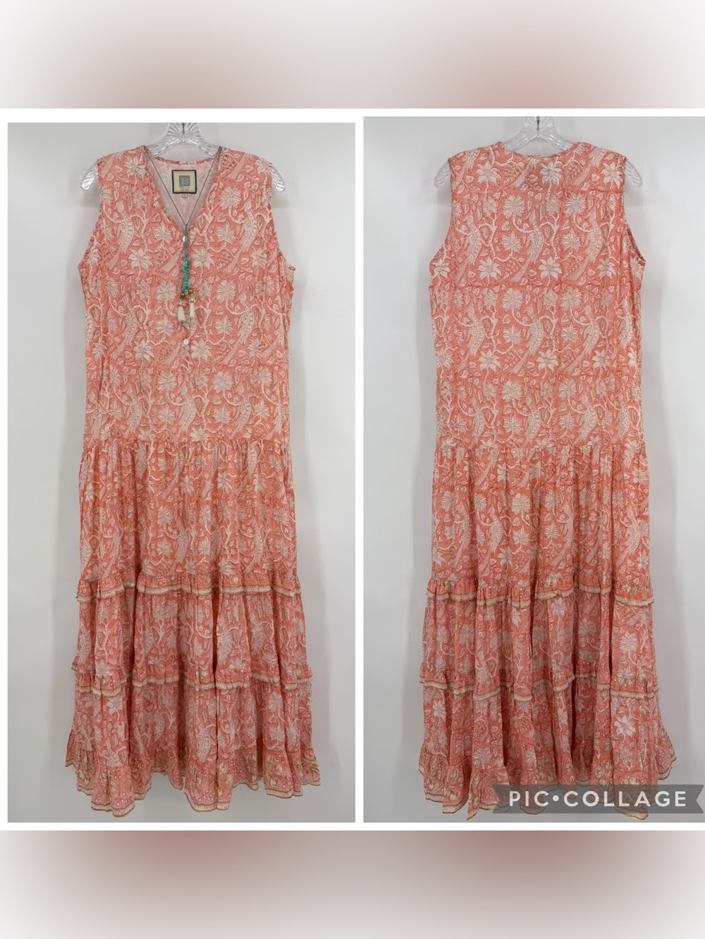 Bell by Alicia Bell Tiered Block Print Maxi Dress Cotton Silk Blend Peach Size M